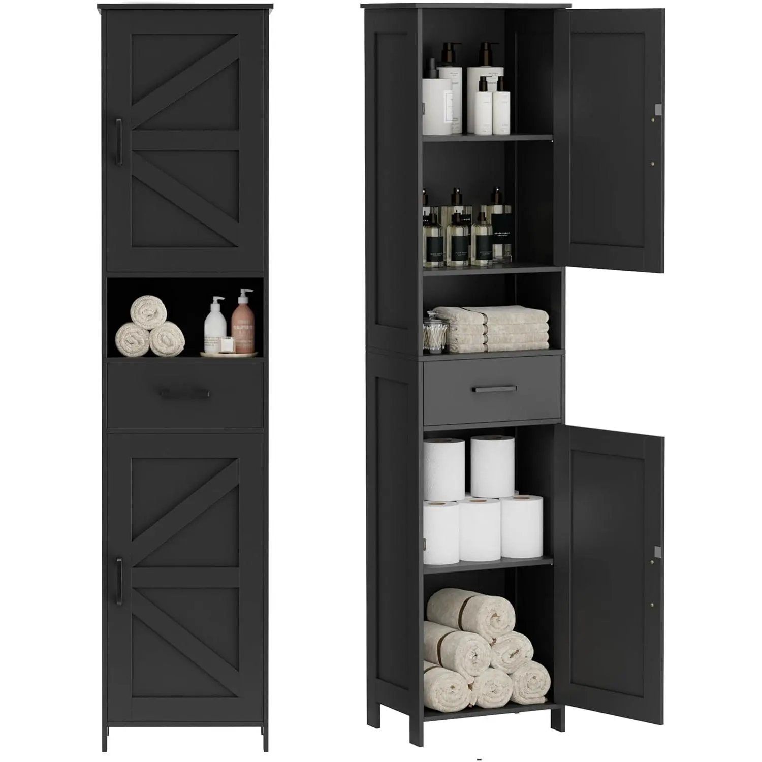 67-Inch Classic Multi-Functional Tall Cupboard, Floor-Mounted Narrow Bathroom Storage Cabinet with 2 Barn Doors, 1 Drawer & Adjustable Shelves for Small Bathrooms, Entryways, Classic Tall Cupboards, Multi-Functional Tall Cupboards