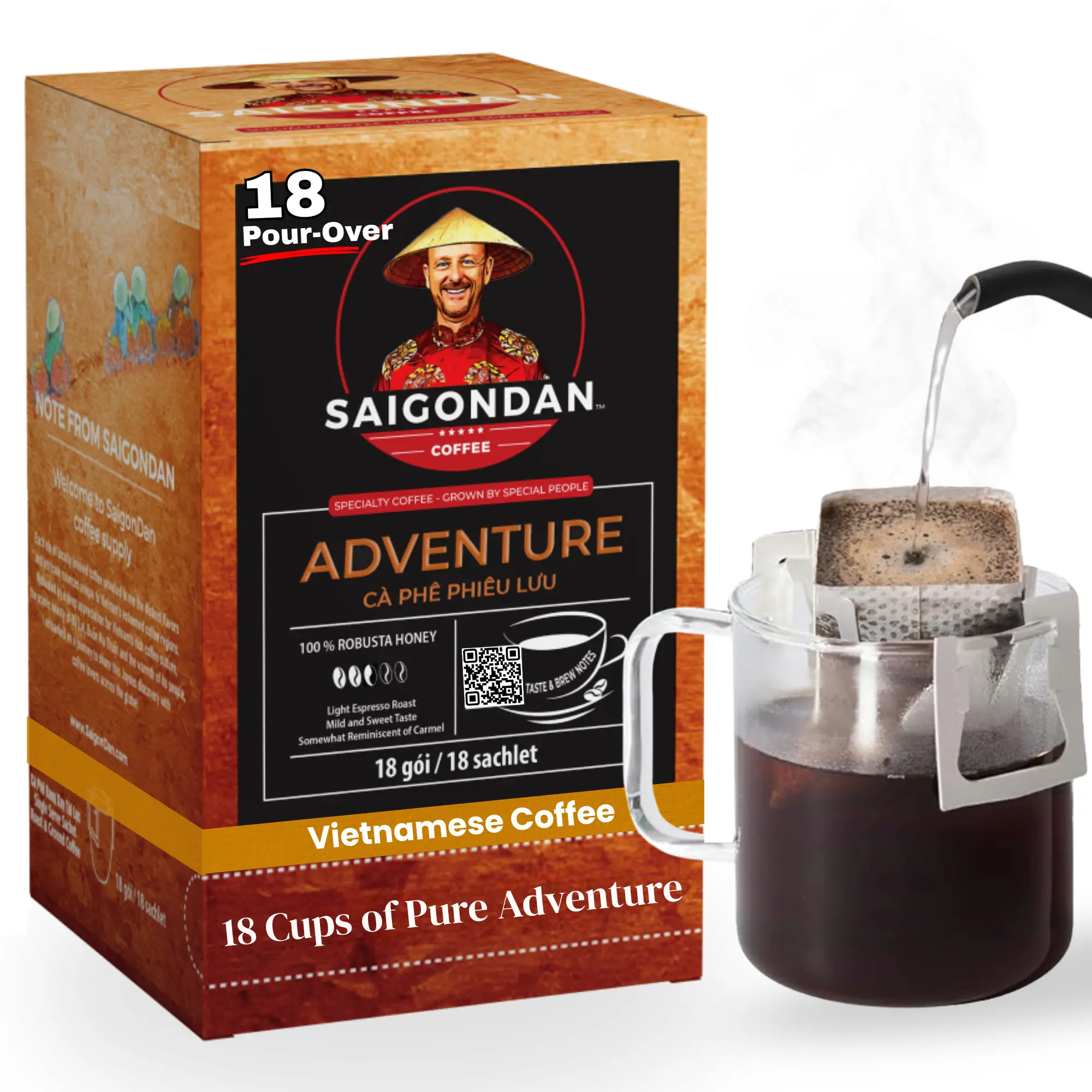 Adventure Drip Instant Coffee | Light Espresso Roast | 100% Robusta | Pour Over Single-Serve | 18 Sachets