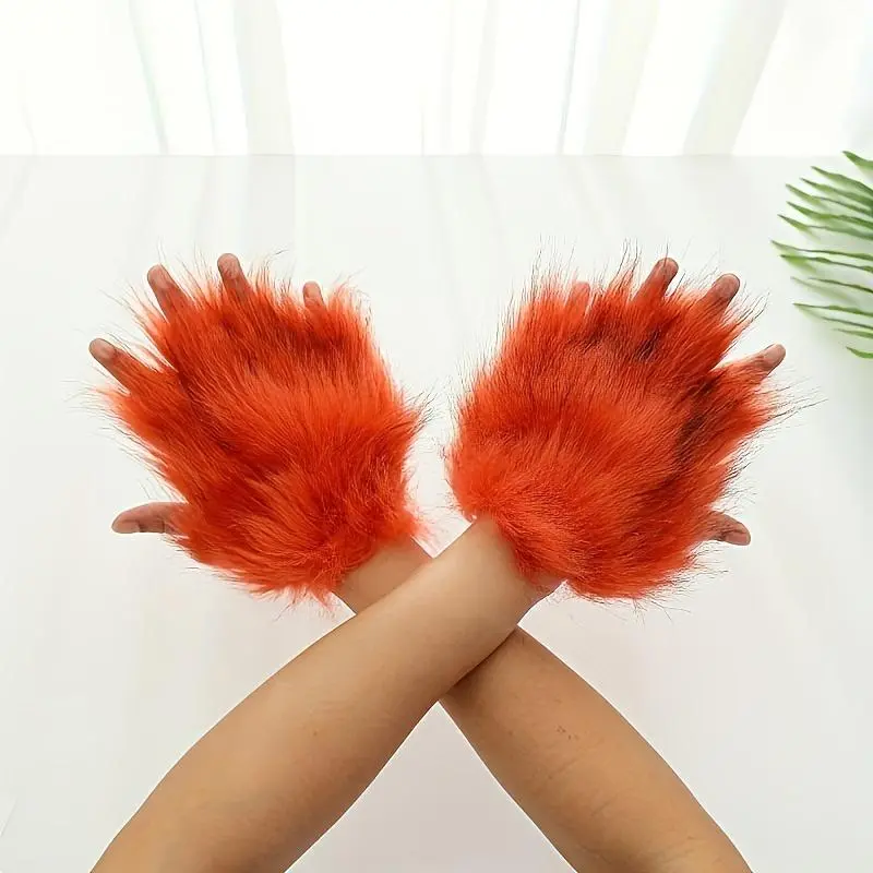 Faux Furry Fox Gloves Role Play Solid Color Are Perfect For Halloween And Christmas Parties Warm Gloves