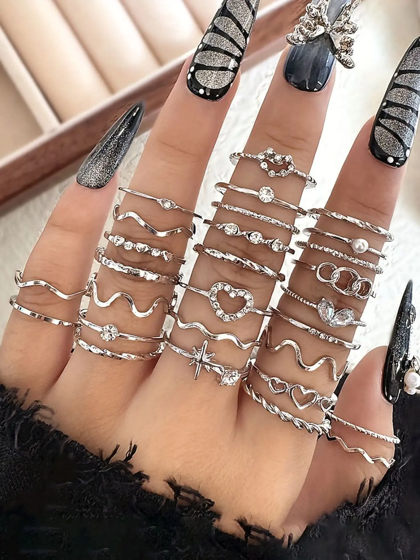Women's Rhinestone Heart Wave Geometric Joint Rings Set, Rhinestone Ring, Rhinestone Decor Ring, Rhinestone Decorated Jewelry, Casual Daily Wear Jewelry Stackable Design