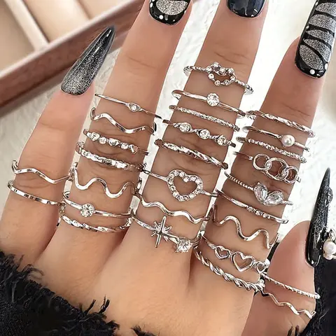 Women's Rhinestone Heart Wave Geometric Joint Rings Set, Beautiful Rings, Rhinestone Ring, Rhinestone Decor Ring, Rhinestone Decorated Jewelry, Casual Daily Wear Jewelry Stackable Design