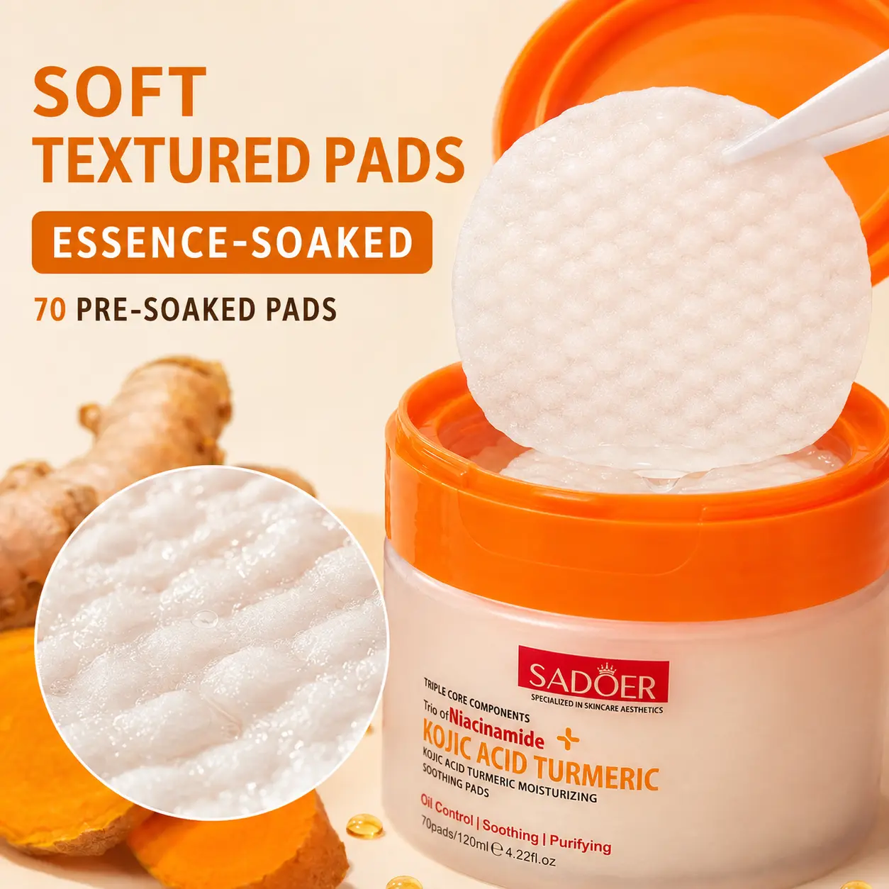 Kojic Acid Turmeric Facial Toner Pads for Daily Skincare