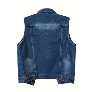 Women's Clothing Women'S Sleeveless Denim Jacket Ripped Lapel Neck Button Jean Tops with Pockets Casual Streetwear