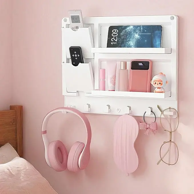 Plastic Adhesive Bedside Shelf, Floating Pegboard Shelves, Key Remote Control Holder, Wall Organizer for Glasses, Phone, Earbuds, Bedroom Decor, Dorm Room Essentials