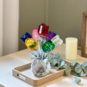 7-Head Crystal Rose Bouquet Figurine, Forever Artificial Glass Rose in Vase, Aesthetic Multicolor Room Desktop Decor, Romantic Gift for Valentine Mother's Day Anniversary Birthday Wedding