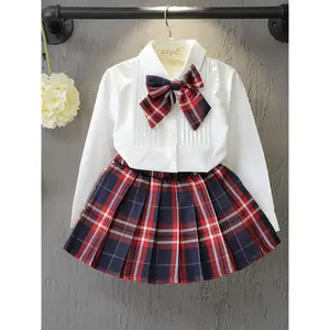 Girl's Spring & Autumn School Uniform Set White Shirt Plaid Skirt Two-Piece Outfit with Bow