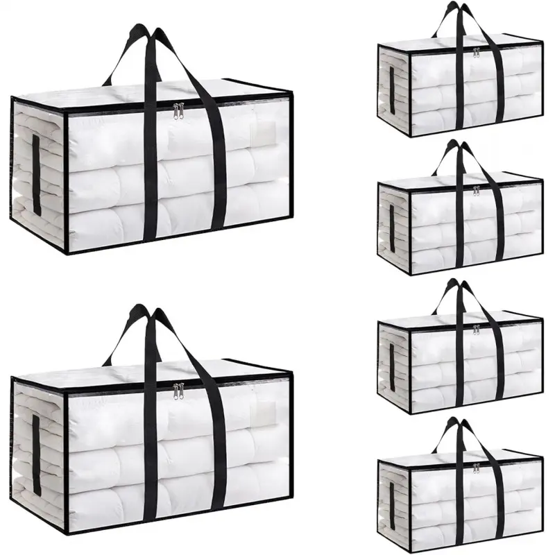 6-Pack Jumbo Polypropylene Heavy-Duty Moving & Organizer Bags - Waterproof, Foldable, Collapsible with Handles, Zippers, Bonus Storage Strap, Diamond Stitching for College Move, Camping Gear Storage