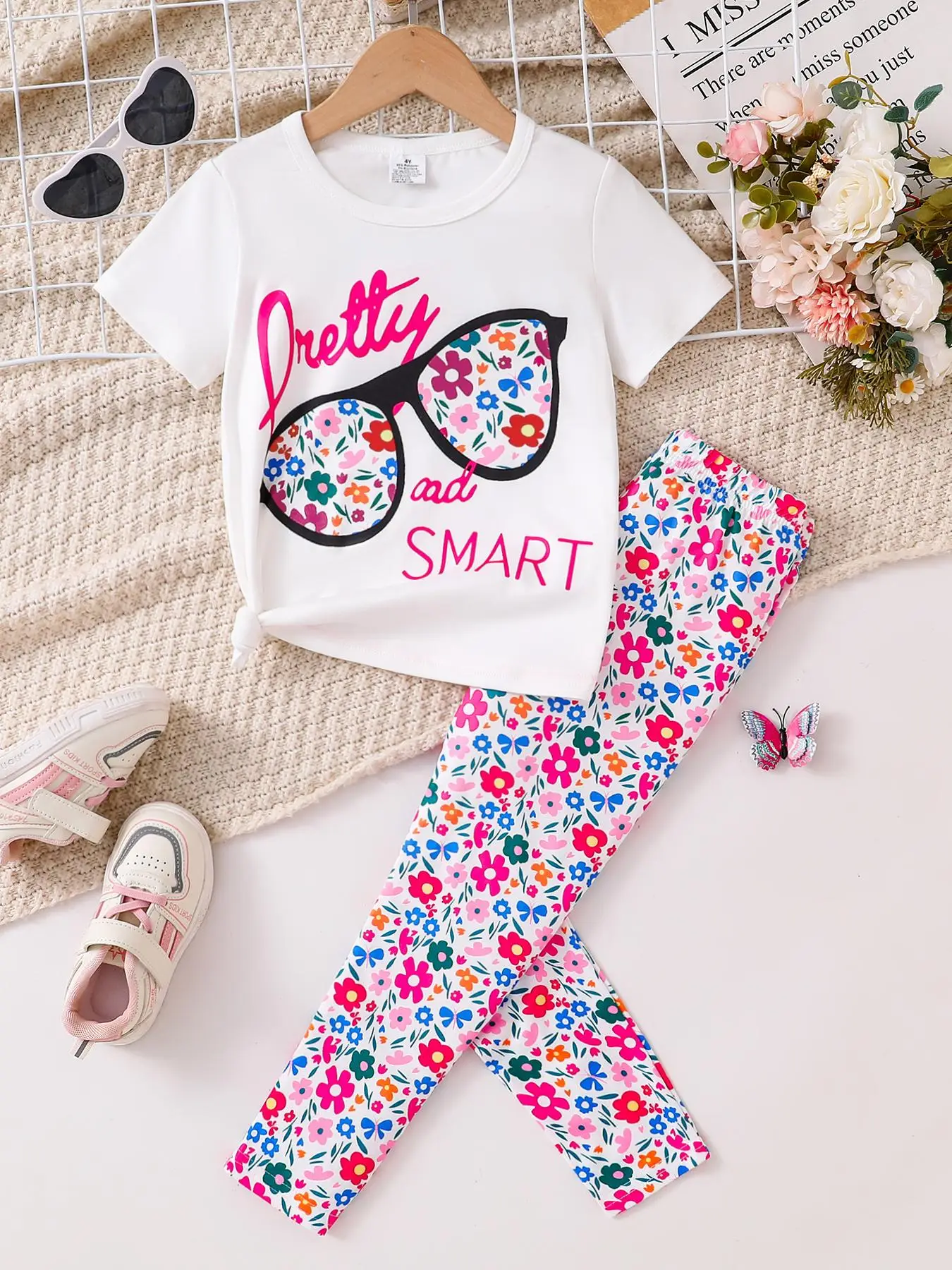 Toddler Girl's Floral & Letter Print T-shirt & Pants Set, Casual Round Neck Tee & Elastic Waist Pants for Daily Wear, Kids Summer Clothes