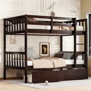 Twin Over Twin Bunk Bed with 2 Drawers, Convertible into 2 Twin Beds, Rubber Wood Twin Size Bunk Bed with Ladder and Safety Guardrails,Espresso