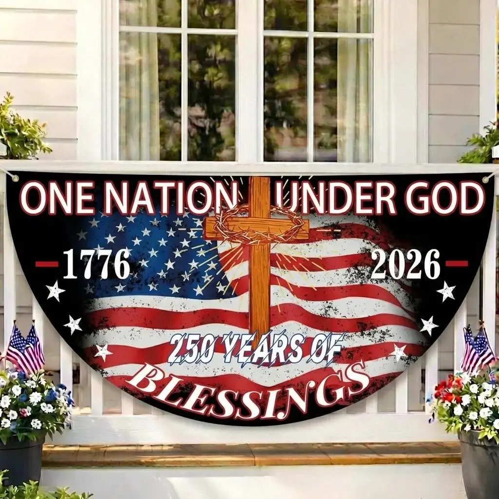 Optimized Title: Christian Patriotic One Nation Under God 1776-2026 Semicircle Bunting, Durable Polyester Weatherproof Flag with Cross Design, for America 250th Semiquincentennial, 4th Of July Memorial Day Backyard Porch Fence Religious Decor