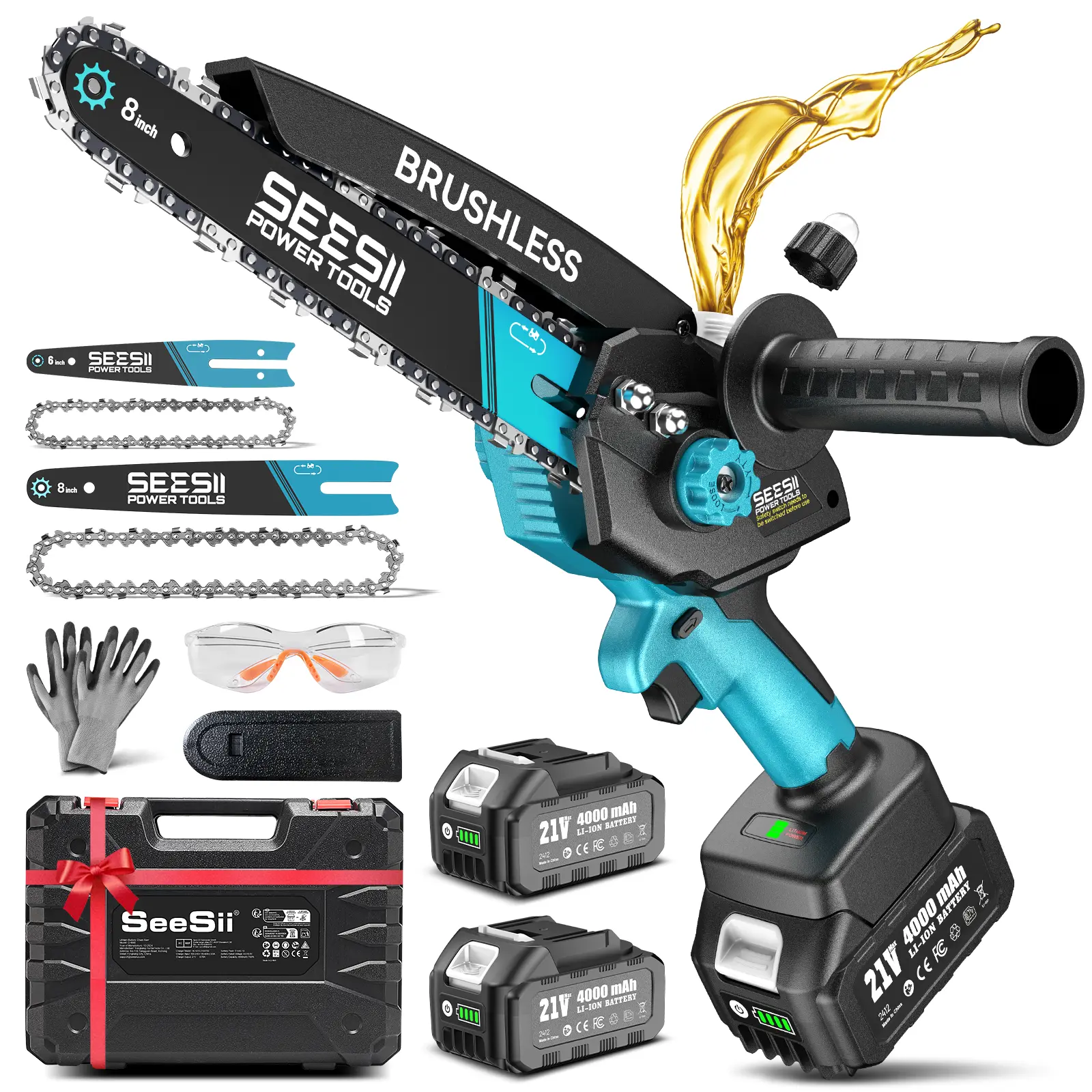 SEESII Mini Chainsaw Cordless, 8 Inch & 6 Inch Electric Chainsaw with 2 Batteries & Auto Oiler, 1000W Brushless Handheld Chain Saw for Tree Branch Wood Cutting, Garden Tools Gift for Men Dad Husband M8 Ace CS800