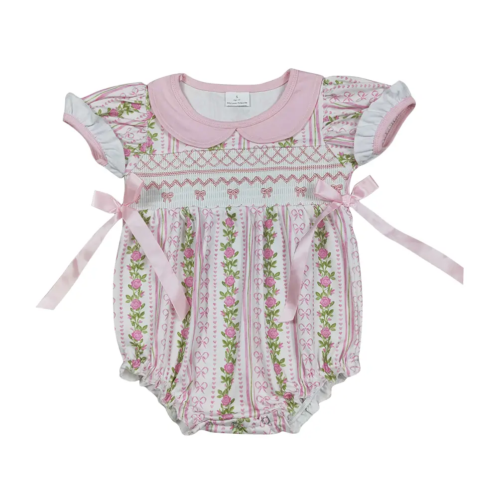 SR2994 Toddlers Cute Baby Clothes Floral Pink Bow Bubble,Romper