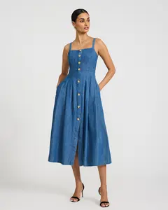 Express Denim Gold Button Front Midi Fit and Flare Dress with Pockets
