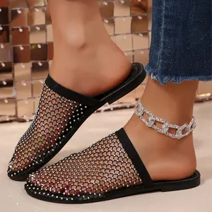Women's Rhinestone Decor Open Toe Mesh Slippers Flat Slides Casual Party & Vacation Footwear Springfresh