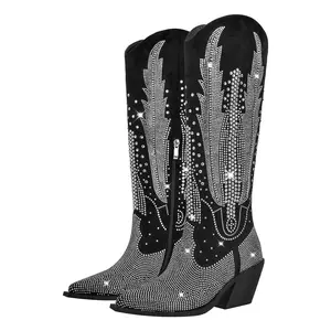 LOCERCH Knee High Cowboy Boots for Women Cowgirl Western Boots Rhinestone Bling Pointed Toe Chunky Heel Pull On Fashion Shoes Tall Black Boot