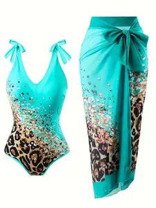 Teal Leopard Print 2-Piece Swimsuit with Cover Up Skirt Set Halter V-Neck One Piece Bathing Suit and Tie Waist Sarong Beachwear