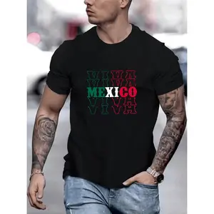 MEXICO Print, Men's Crew Neck Short Sleeve Tee Fashion Regular Fit T-Shirt, Casual Comfy Breathable Top For Spring Summer Holiday Leisure Vacation Men's Clothing As Gift