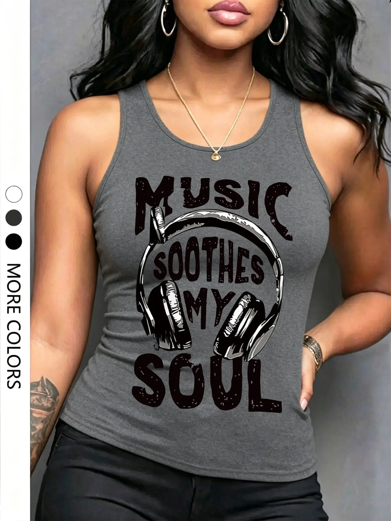 Women's Casual Music Earphone Letter Print Round Neck Sleeveless Fitted Tank Vest, Comfortable Daily Wear, Fashionable Summer Top, Perfect for Spring & Summer, Casual Flattering Sleeveless, Summer Tops Trendy