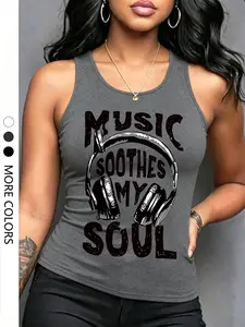 Women's Casual Music Earphone Letter Print Round Neck Fitted Vest, Comfortable Daily Wear, Fashionable Summer Top, Perfect for Spring & Summer