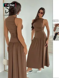 Women's Solid Color Slim Ruched Dress, Elegant Sleeveless Long Dress for Party Holiday Wedding Guest, Ladies Clothes for Summer