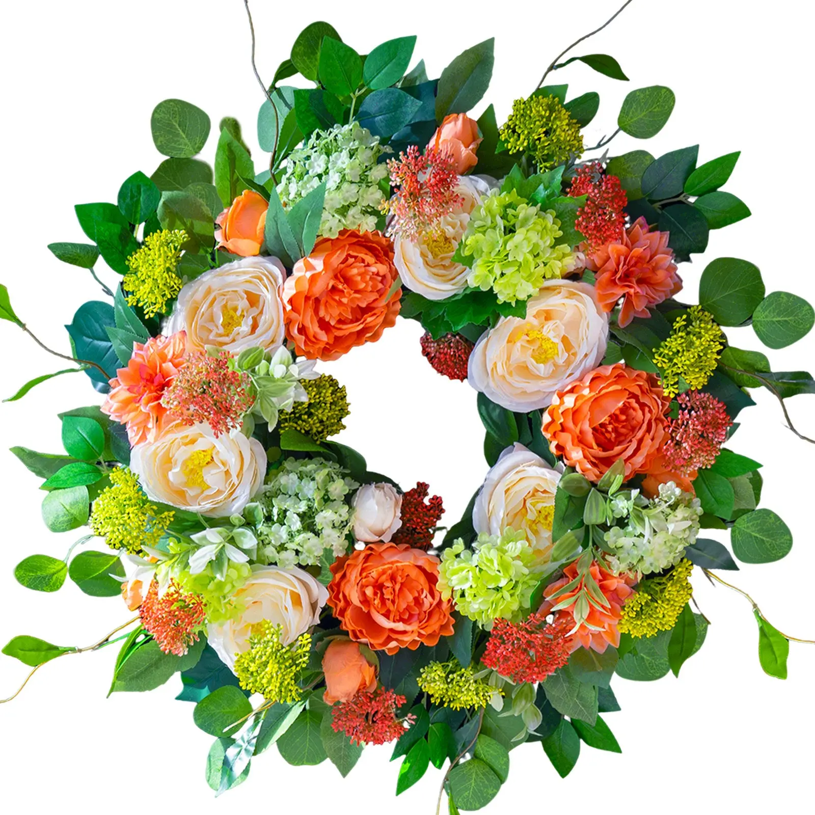 CHVista 24-Inch Artificial Spring Wreath with Coral Peonies, Roses and Hydrangeas for Front Door