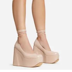 MUSIC-FOR-MY-EARS LACE UP CLOSED SQUARE TOE PLATFORM WEDGE HEEL IN NUDE PATENT