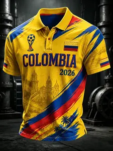 Men's Casual Colombia Football Fan Short-Sleeve Printed Polo Shirt