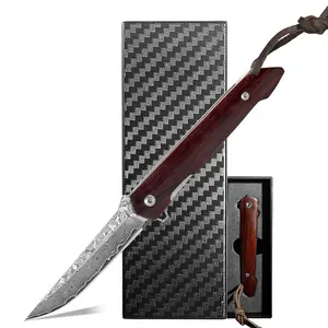 Hand-Forged Damascus Steel Folding Knife - Ultra Sharp Blade, Natural Wood Handle, Compact EDC Pocket Knife for Men - Perfect for Hiking, Fishing & Daily