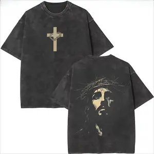 Vintage Washed Christian Cross T-Shirt, Jesus Crown of Thorns Graphic Tee, Faith-Based Streetwear, Oversized Unisex Summer Top, Aesthetic Religious Shirt for Men Women