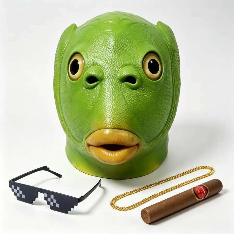 Funny Green Latex Full Head Fish Mask Full Set - 1-Piece Mold Adult Mask with Pixel Sunglasses, Cigar, Gold Chain Prop & Accessories for Halloween Party Cosplay Prank