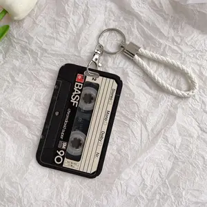 Cassette Tape Pattern Durable Plastic ID Badge Holder with Lanyard Slide Design for Cards Transparent Window Compatible with Credit, Metro, Bus Cards-Nurse, Doctor, Student Accessory Perfect Halloween New Year Gifts