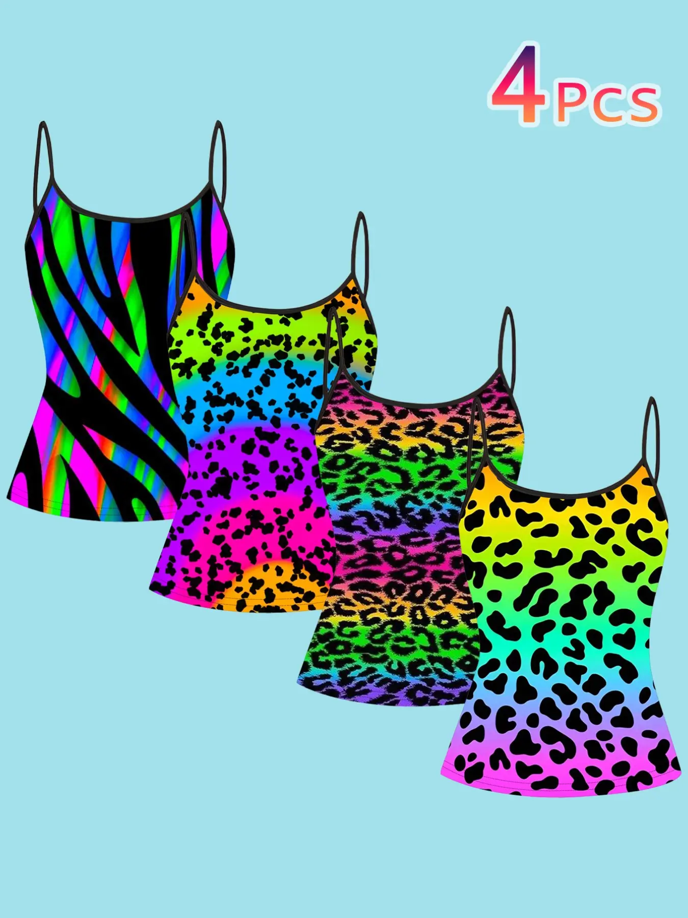 Neon Leopard Zebra Print Spaghetti Strap Sleeveless Top, Casual Comfy Braless Cami Tank Tops, Camisole Top, Women's Slim-Fitting Inner Layer, Casual Style, All over Print, 4 Pieces Set, All Seasons
