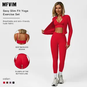 Women's Solid Criss Cross Crop Tank Top & High Waist Leggings & Zip Up Crop Jacket Tracksuit Set by MFVIM - Breathable Comfortable Outfits for Yoga, Gym, Workouts, Running, Yoga Wear, Workout Gym Clothing, Gym Sportswear, Casual Activewear SpringStatement