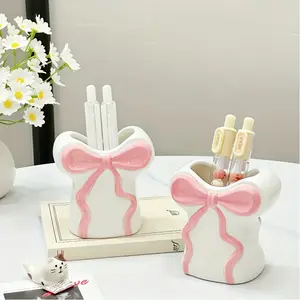Bowknot Pencil Holder - Glossy Finish Desktop Organizer, Cute Aesthetic Decor for Home & Office, Stationery Storage Container, Pen Holders, Desk Accessories, Girly Office Supplies