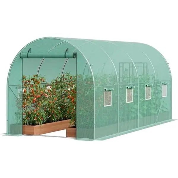 GARVEE 15x7x7 ft Walk-in Outdoor Greenhouse - Heavy-Duty Galvanized Steel Hoop House with PE Cover, 8 Windows, Roll-Up Door, Outdoor Tunnel for Gardening, Year-Round Growing
