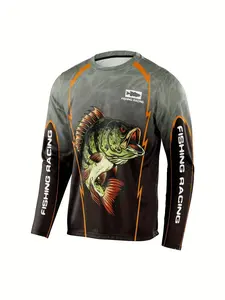 Men's Fishing Pattern T-Shirt, Long Sleeve, Knit, Fitted, Sports, Active T Shirts, Menswear, Fish Print, Striped Elements, Fashion 3D Geometric Design, Outdoor Fishing, Fishing Racing