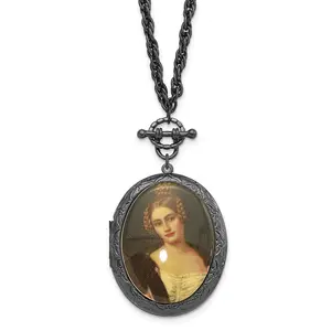 Victorian Inspired Black-Plated Oval Locket Necklace with Polished Finish