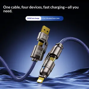 240W Braided PD 4-in-1 Universal Fast Charging Cable - Bend-Resistant USB-C/Lightning Connectors, Compatible with Smartphones, Laptops, Tablets, TikTokshop Spring Glow-Up Type Charger