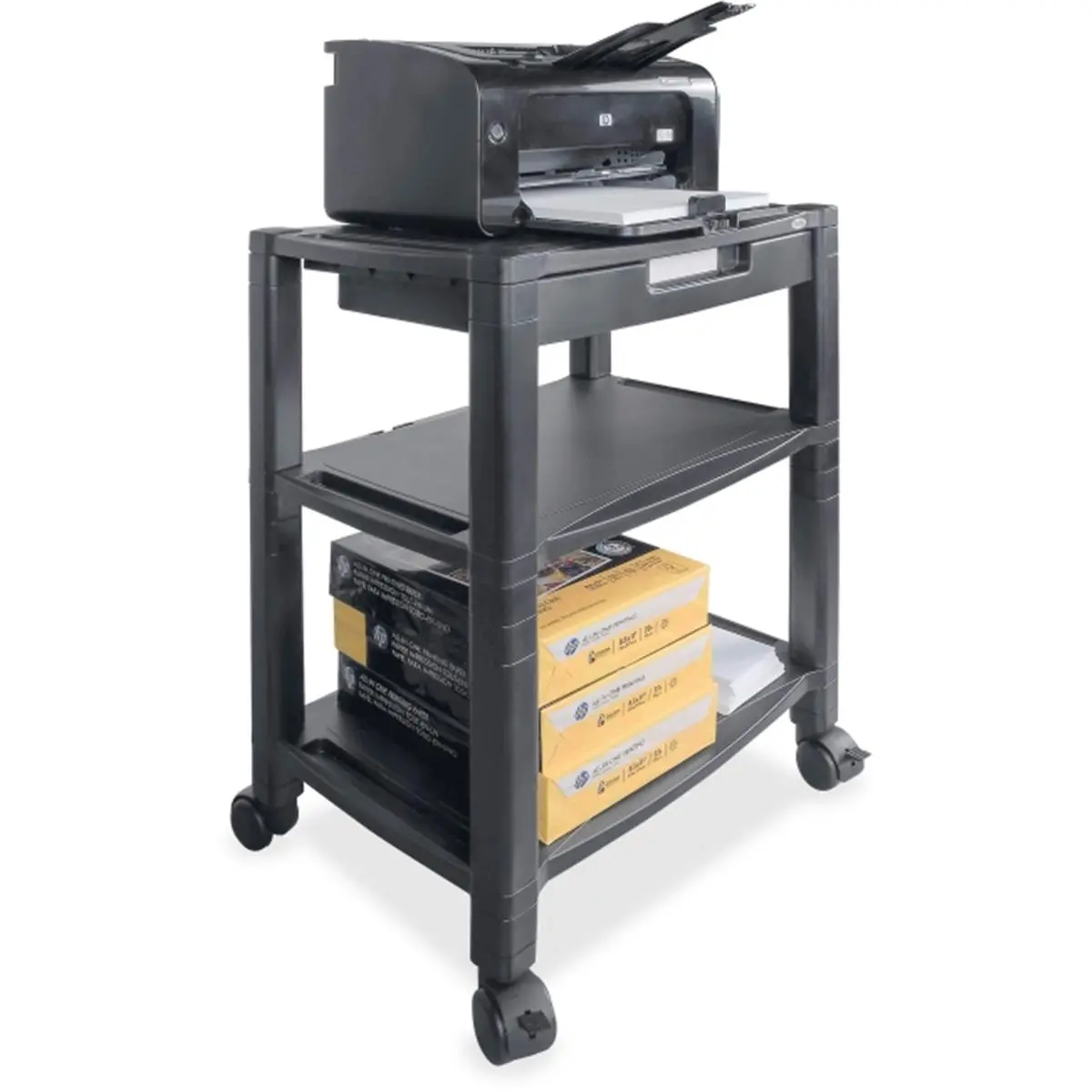 Commercial Office Furniture Black 3-Shelf Sturdy Printer Stand with Caster Wheels, Tool-Free Easy Installation, Height-Adjust Adjustable, Portable Ergonomic Freestanding, Up to 75 lb Weight Capacity