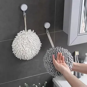 1pc Soft Absorbent Chenille Hand Towel Balls, Kitchen Hand Towel Hanger, Quick Dry Hand Bath Towel, Bathroom Hand Towel With Ring, Simple Fashionable Home Hanging Loop Towel, Hangable