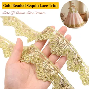 Gold Beaded Sequin Lace Trim – 10 Yards Floral Ribbon for Wedding Decor, Baby Shower, Bridal Crafts, Dresses & Gift Wrapping for Seamstresses, Sewists, Fashion Designers & Small Businesses