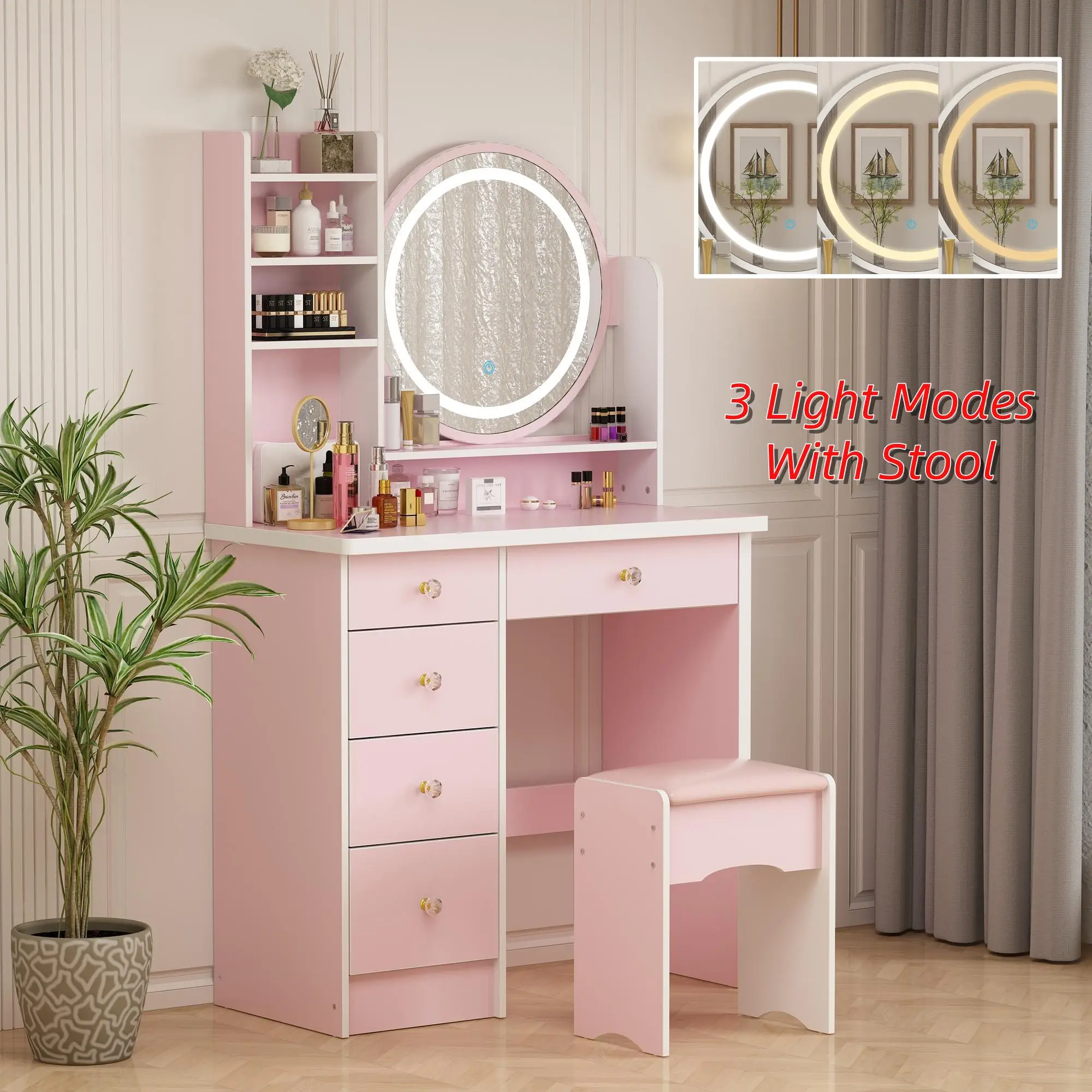 FUFU&GAGA Dream Makeup Vanity Set Desk with Mirror & 3 Lights, Crystal Handle Drawers, Modern Vanity Table with Versatile Storage for Makeup and Cosme