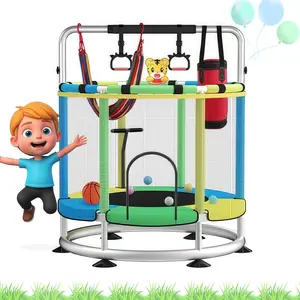 Mini Round Trampoline for Kids with Basketball Hoop, 55'' Indoor Outdoor Toddler Trampoline with Enclosure Net, Swing, Sandbag, Ring, Ocean Balls, Small Trampoline Gift for Boys Girls