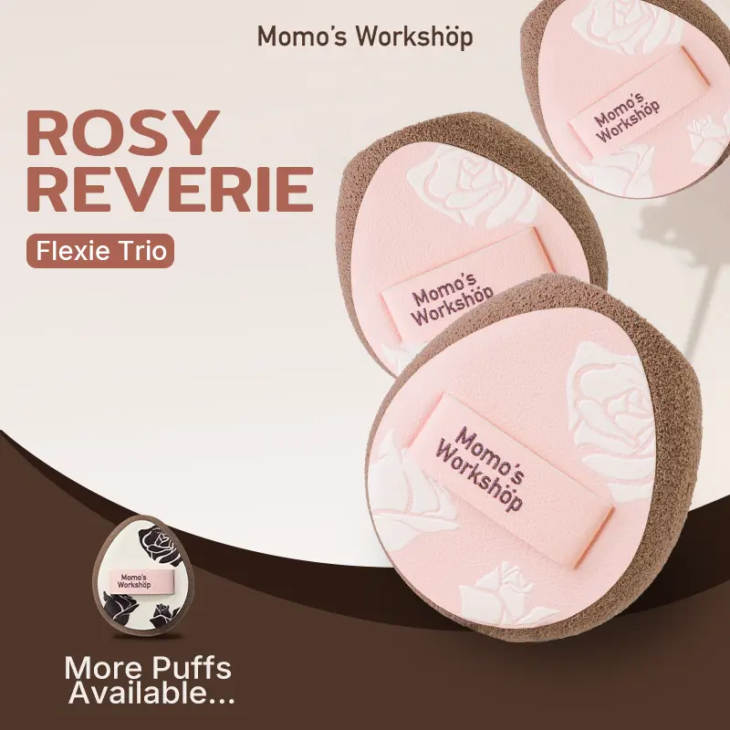 Momo's Workshop Rosy Reverie Flexie Trio Powder Puffs - Oil-Control, Makeup Setting, Cut-Edge Design for Cream/Powder Products, Oily Skin, Travel-Friendly with Storage Case, Powderpuff, Beauty Puff, Travel Size