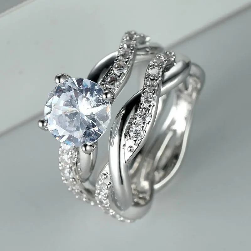 Infinity Twist Design Zircon Ring Wedding Ring 2 Piece Set Silver Plated Ladies Wedding Engagement Promise Bride Eternity Ring Anniversary Ring Birthstone Ring Ladies Romantic Holiday Gift Couple Pair Ring Men's Ring Love Ring Shiny Jewelry