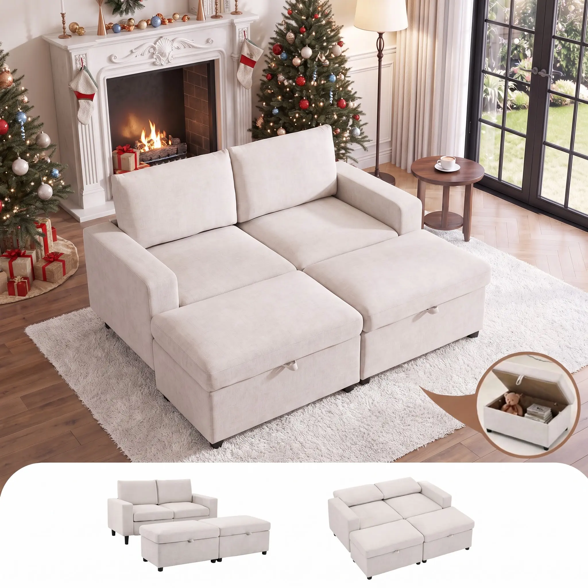 63" Double Chaise Lounge Chair, Chenille  Loveseat with Storage Ottoman,Convertible L Shaped Couch with Throw Pillows for Bedroom,Deep Seat Couches, Sectional Sleeper Sofa Bed for Small Spaces, Multi-Functional Sectional Sofa for Living Room or Apartment