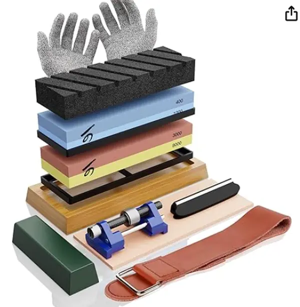 KERYE Japanese Whetstone Sharpener Set - 400/1000 3000/8000 Grit Water Stones, Flattening Stone, Honing Guide, Cut Resistant Gloves