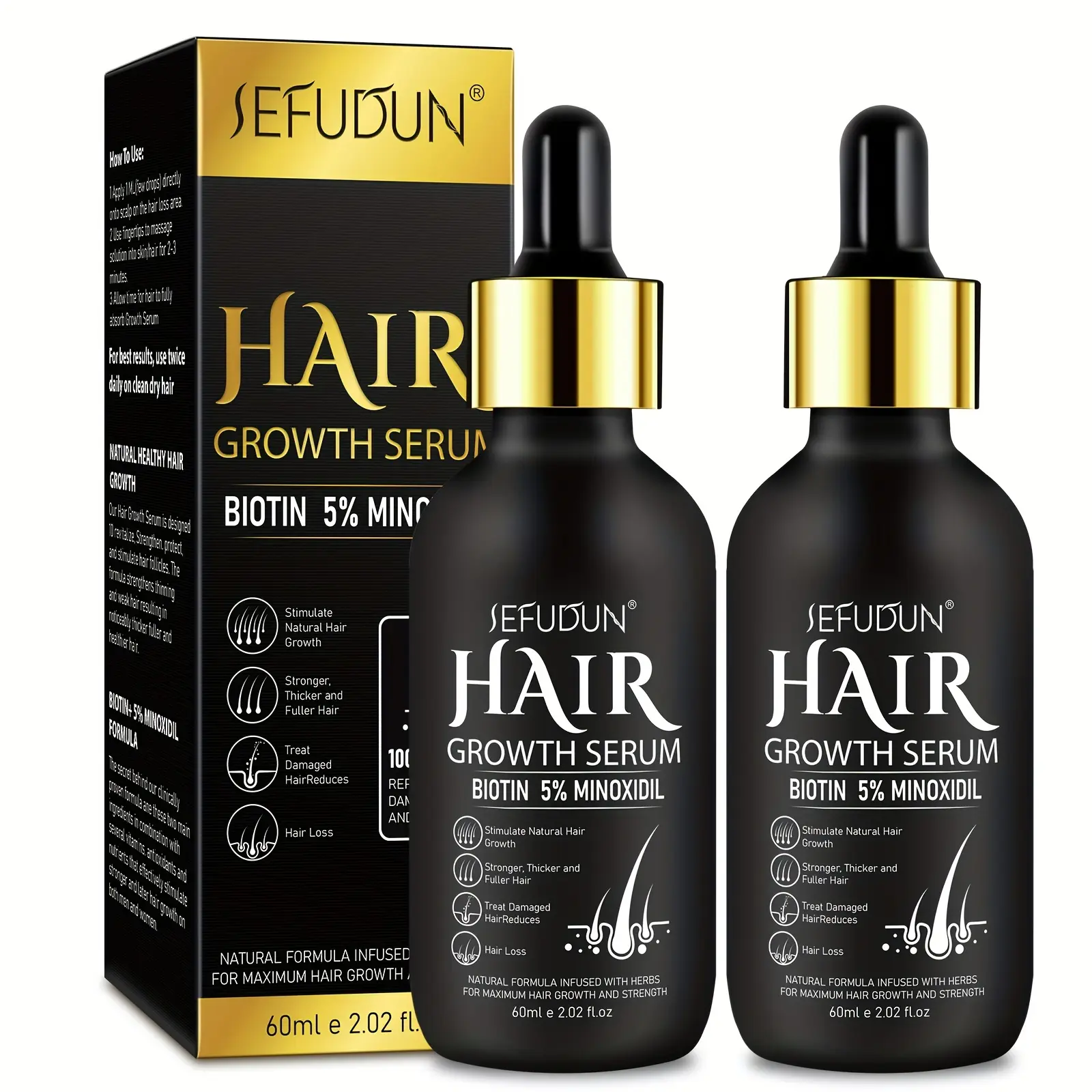 2 Bottles of SEFUDUN Minoxidil Hair Growth Essential Oil - Nourishing Formula for Hair Loss, Baldness, and Beard Growth - Suitable for Men and Women-SASA