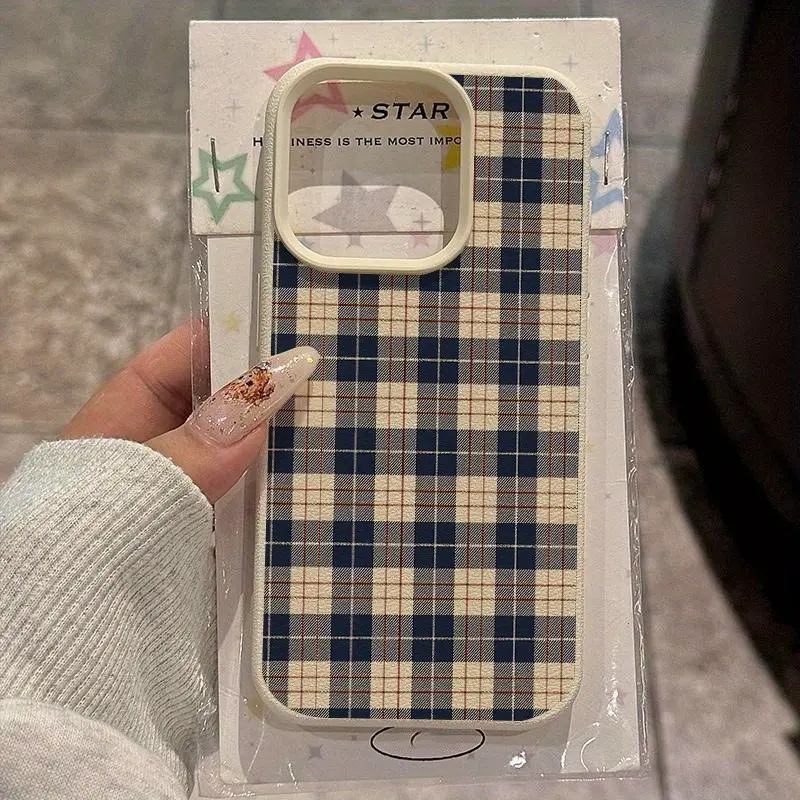 Classic Blue Plaid Pattern iPhone Case Cover, Cellphone Accessories, Full Body Protection Shockproof Cellphone Casing Tpu Shell for iPhone 11 to 17 Pro Max, Lightweight Anti-Slip Design