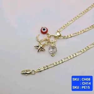 Pendant 4 Element Eye Moon Star Owl chain figaro link diamont cut style 24 & 18 Inches 3.5 Millimeters adults and teen girls Laminated Gold Jewelry with Red evil Eye protector Charm